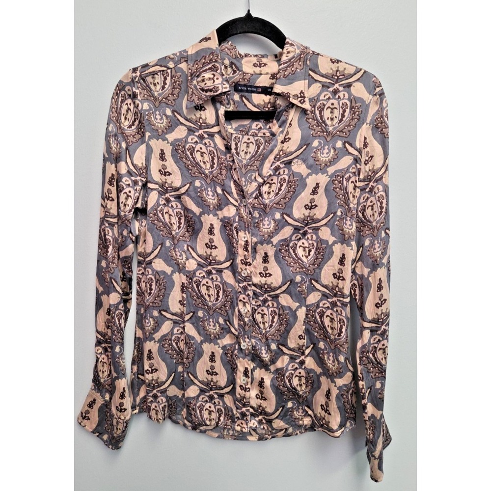 River Woods Women Blouse Shirt 36 (US 6) Paisley Button Up LS Silk Stretch RARE